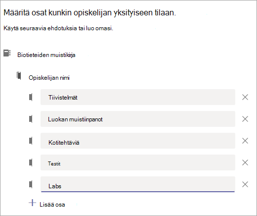 Määritä kunkin opiskelijan yksityisen tilan osat.