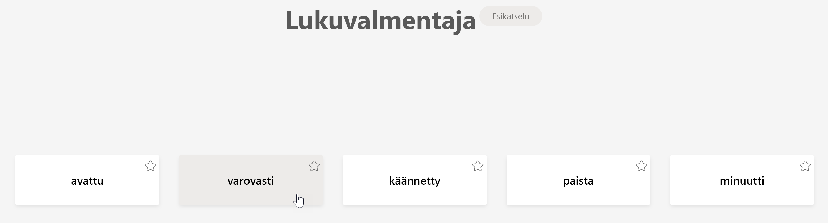 näyttökuva lukuvalmentajan opiskelijanäkymästä, jossa näkyy viisi sanaa, jotka vaativat eniten oppilasta, ja kohdistin on sanan päällä varovasti
