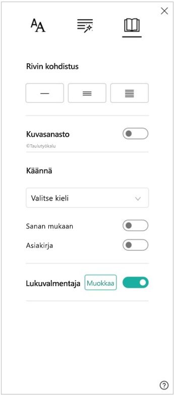 Näyttökuva Syventävän lukuohjelman lukemisasetusruudusta, jossa näkyvät rivin kohdistus-, kuvasanasto-, kääntämis- ja lukuvalmentajan asetukset.