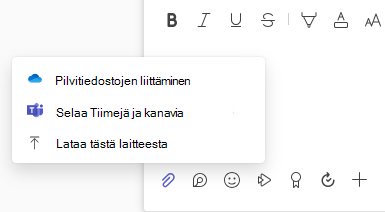 Näyttökuva Liitetiedosto-valikosta, jossa näkyvät lataus- ja pilvitiedostoasetukset.