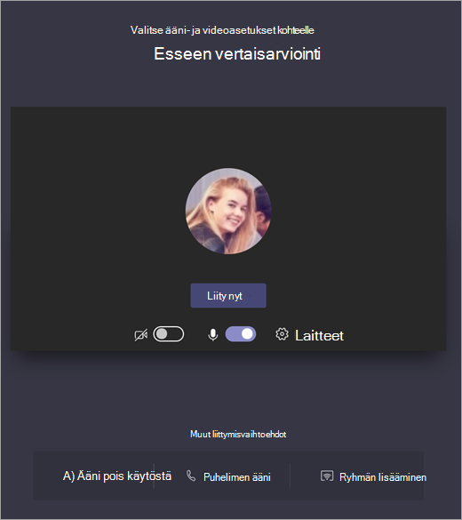Näyttökuva, jossa näytetään, miten voit valita Teams-kokouksen ääni- ja videoasetukset ennen liittymistä.