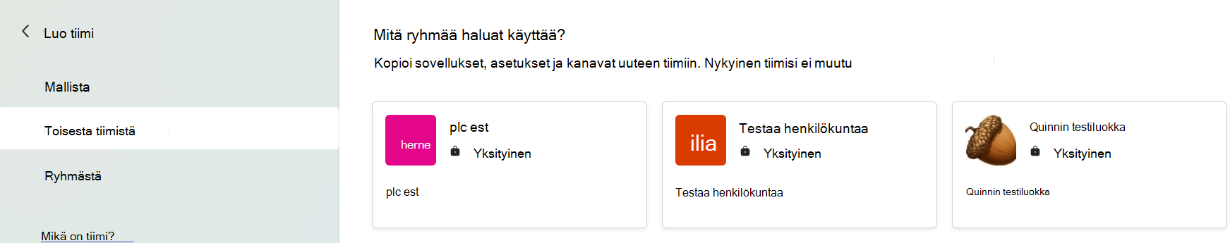 Näyttökuva, jossa näkyy tiimi valitseminen sovellusten, asetusten ja kanavien kopiointia varten.