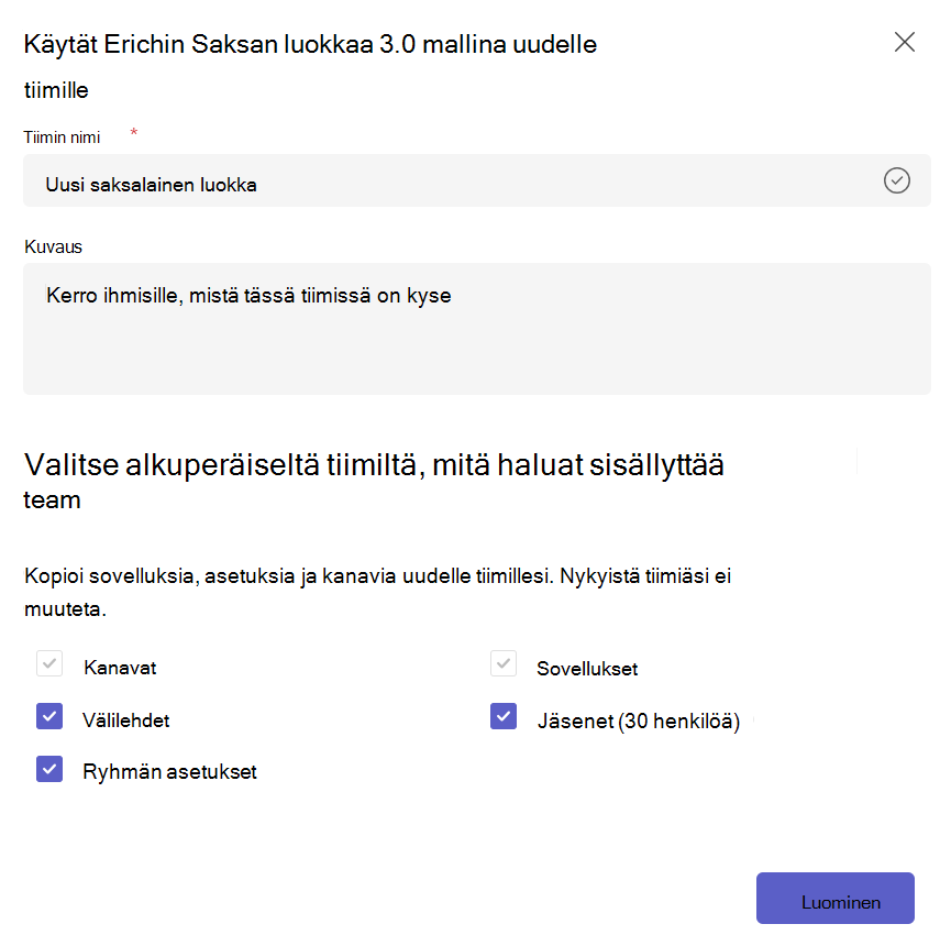 Näyttökuva, jossa näkyy Luo uusi tiimi olemassa olevasta ryhmämallista ja valitse kopioitava sisältö.