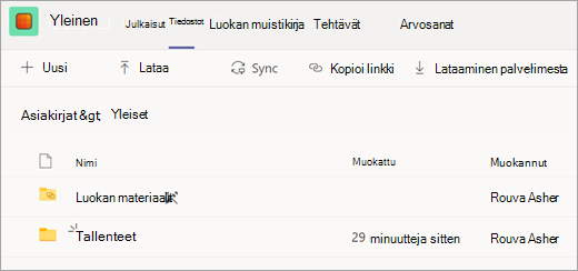Luokkaryhmän Tiedostot-välilehti, jossa on Tallenteet-kansio