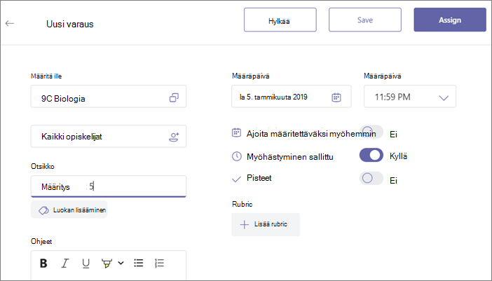 Täytä kaikki tehtävän tiedot ja napsauta sitten Määritä-painiketta.