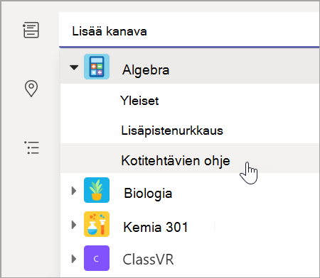 Näyttökuva, jossa näkyy luokan tiimin kanavan valitseminen.