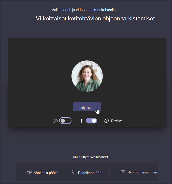 Näyttökuva, jossa voit liittyä kokoukseen valitsemalla Liity nyt.