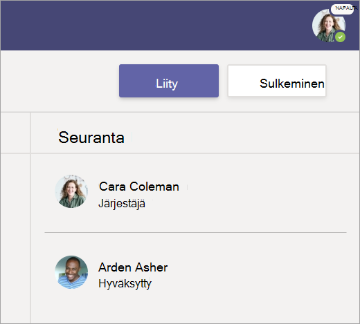 Näyttökuva, jossa voit liittyä kokoukseen valitsemalla Liity.