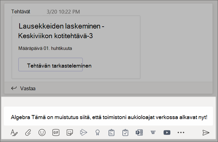 Näyttökuva tekstiruutuun kirjoitetusta viestistä.