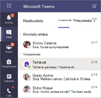 Näyttökuva opiskelijoiden yksityisistä keskusteluista Teamsissa.