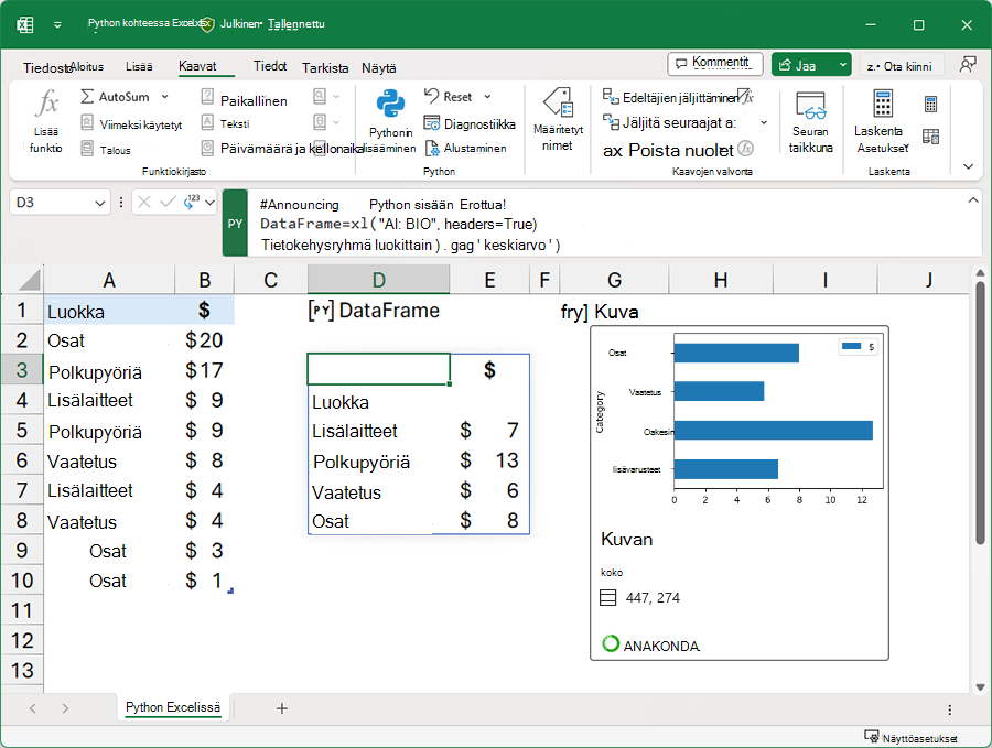 Excel-työkirja, joka analysoi tietoja Pythonilla.