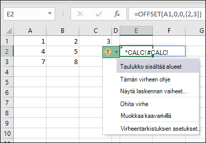 #CALC! virhe – Matriisi sisältää alueita