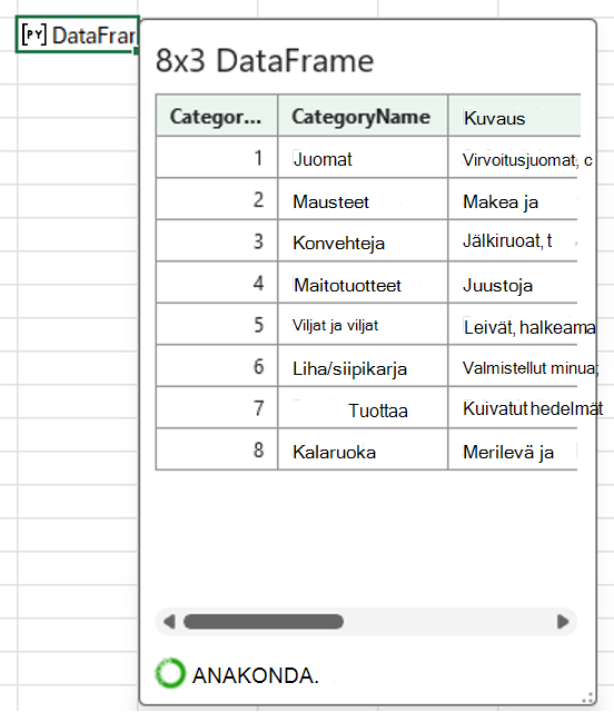 Avoin Python Excel DataFramessa -kortti, jossa näkyvät luokkatiedot.