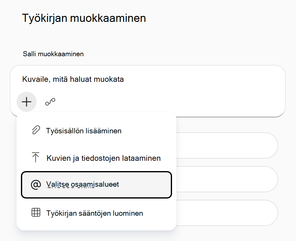 Näyttökuva Excelin Copilotin Lisää työsisältöä -valikosta, jossa Valitse taidot on korostettuna.