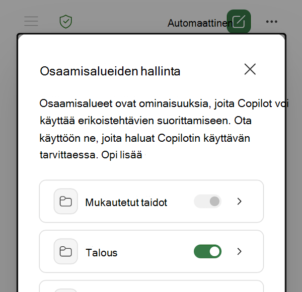 Näyttökuva Excelin Osaamisen hallinta -valintaikkunan Kopioija-valintaikkunasta.
