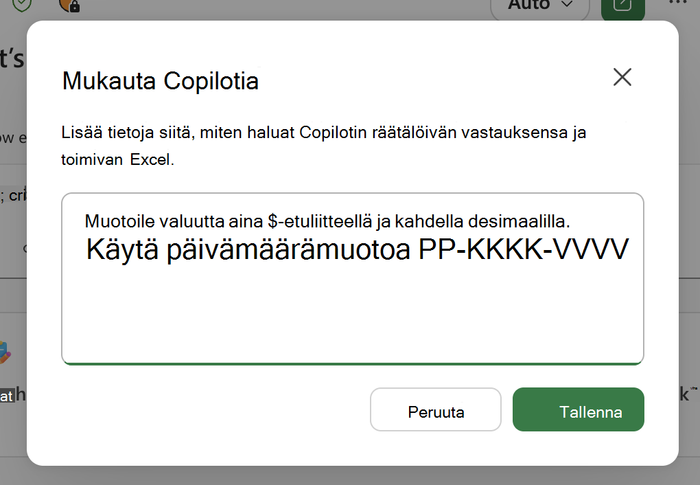 Näyttökuva Excelin kopiointitoiminnon mukauttamisvalintaikkunasta, mukaan lukien esimerkkejä tekstialueella.