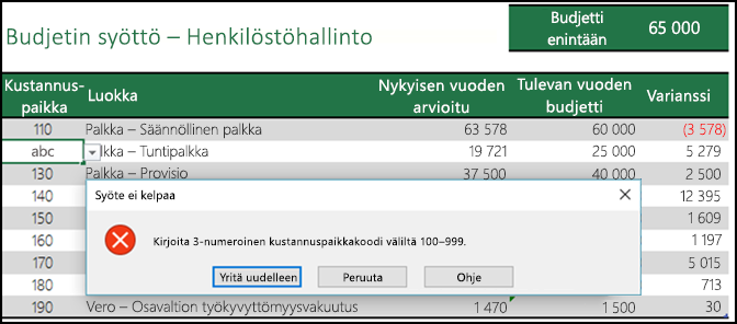 Esimerkki virheellisestä sanomasta