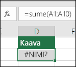 Excel näyttää #NAME? -virheen, kun funktion nimessä on kirjoitusvirhe