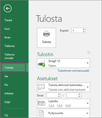 Voit esikatsella laskentataulukkoa valitsemalla Tulosta >