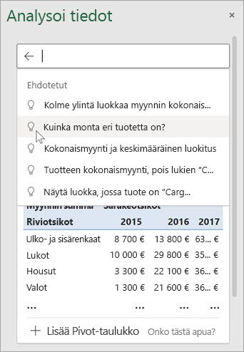 Excelin Tietojen analysointi -ominaisuus antaa sinulle kysymysehdotuksia tiedoista suoritetun analyysin perusteella.