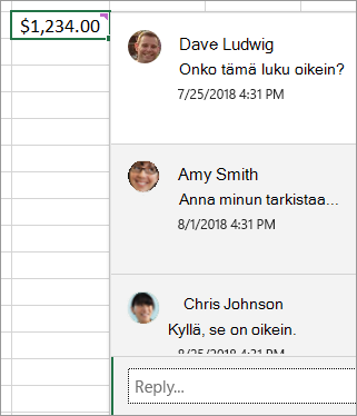 Solu, jossa on arvo 1 234,00 $ ja ketjutettu kommentti: Dave Ludwig: Onko tämä luku oikein? Amy Smith: Haluan tarkistaa... ja niin edelleen