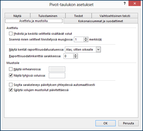 Pivot-taulukon asetukset -valintaikkuna