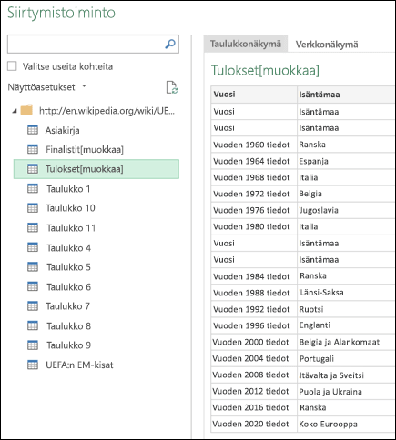 > Power Query Web > Navigator -taulukkonäkymästä