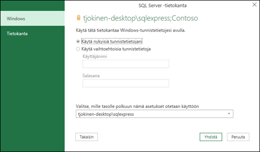 Power Queryn SQL Server -yhteyden tunnistetiedot