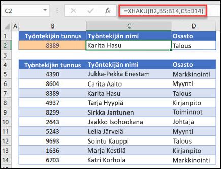 Esimerkki XHAKU-funktiosta, jota käytetään työntekijän nimen ja osaston palauttamiseen työntekijän tunnuksen perusteella. Kaava on: =XHAKU(B2,B5:B14,C5:D14,0,1)