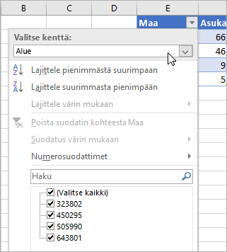 Suodata-valikko, Näyttöarvo-valikko, lueteltuna kentät linkitetystä tietotyypistä