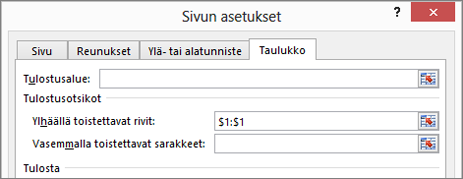 Sivun asetukset -valintaikkunan Taulukko-välilehti