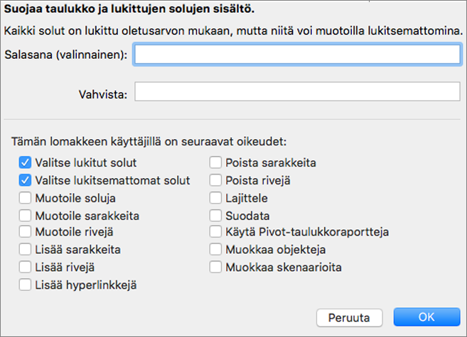 Laskentataulukon suojaukseen käytettävissä olevat elementit