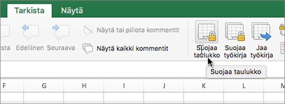 Valintanauhan Suojaa taulukko -vaihtoehto