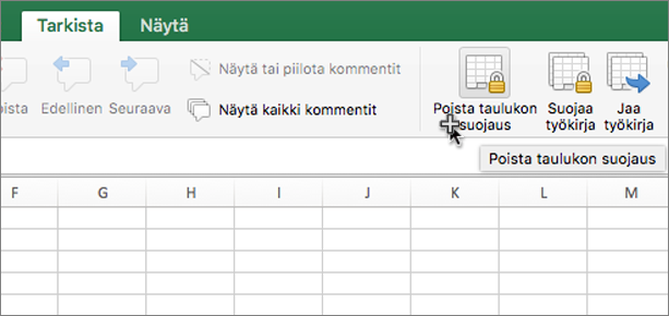 Taulukon suojauksen poistaminen