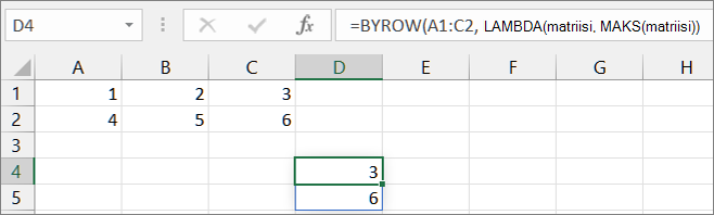 Ensimmäinen esimerkki BYROW-funktion käytöstä
