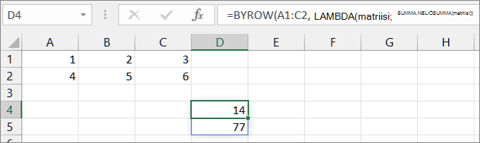 Toinen esimerkki BYROW-funktion käytöstä