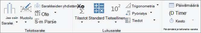 Valintanauhan Lisää sarake -välilehden tietotyyppiryhmät