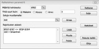 Ratkaisimen parametrit kokonaisnettonykyarvon maksimoimiseksi binaariprojektivalinnoilla ja resurssirajoituksilla