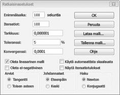 Ratkaisimen asetukset -valintaikkuna, jossa näkyy toleranssi ja lineaarisen mallin asetukset