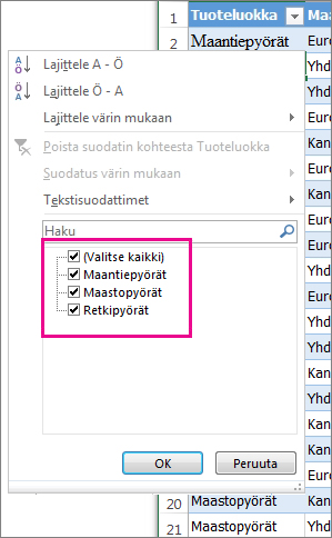 Suodatus luettelon kohteita valitsemalla