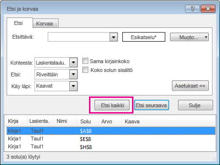 Kaikkien yhdistettyjen solujen etsiminen