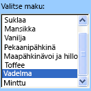 Esimerkki lomakkeen luetteloruutuohjausobjektista