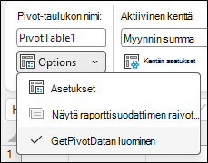 Näyttökuva Excelin Pivot-taulukon asetukset -valikosta. Yläosassa näkyy Pivot-taulukon nimi: Pivot-taulukko1. Alla on laajennettu avattava Valikko, jossa näkyy kolme kohdetta: Asetukset, harmaana näkyvä Näytä raporttisuodattimen sivut... ja valittu vaihtoehto Luo GetPivotData.