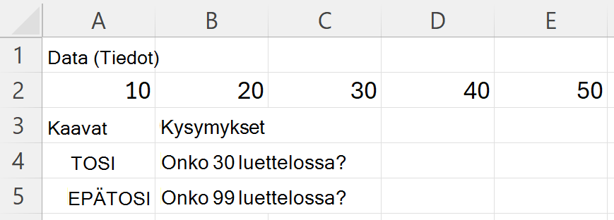 HAS palauttaa arvon TOSI arvolle 30 ja arvon EPÄTOSI arvolle 99, kun haet alueelta, joka sisältää arvot 10, 20, 30, 40 ja 50