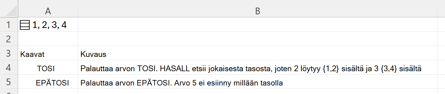 HASALL-funktion käyttäminen yhteen soluun tallennetun sisäkkäisen matriisin sisältä etsimiseen