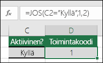 Solussa D2 on kaava =JOS(C2=Kyllä;1;2)