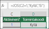 Solussa D2 on kaava =JOS(C2=1,KYLLÄ,EI)