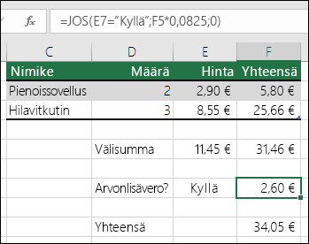 Kaava solussa F7 on JOS(E7=Kyllä;F5*0,0825;0)
