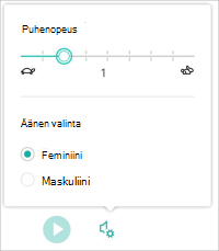 Näyttökuva Syventävä lukuohjelman ääniasetuksista, joissa on nopeuden liukusäädin ja nainen valittuna.