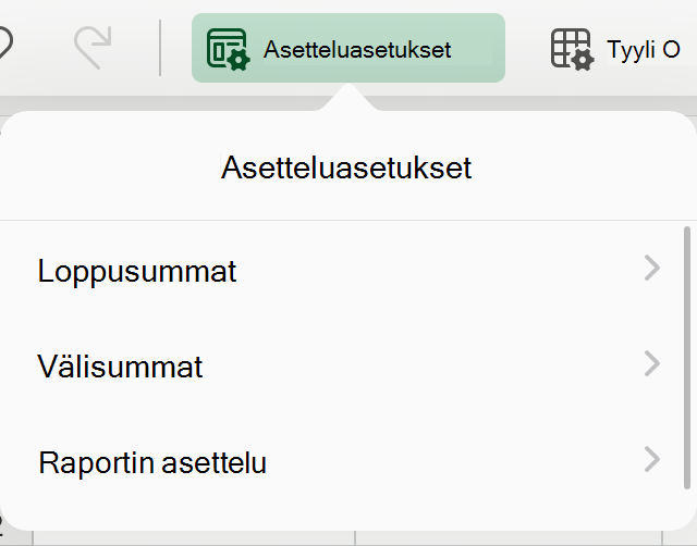 Avattava Pivot-taulukon asetteluvalikko iPadissa.